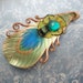 Peacock Feather Leather Barrette With Vintage Glass Stone
