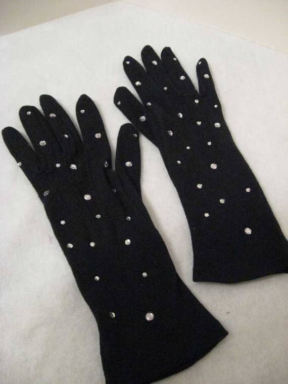 rhinestone studded black cotton gloves