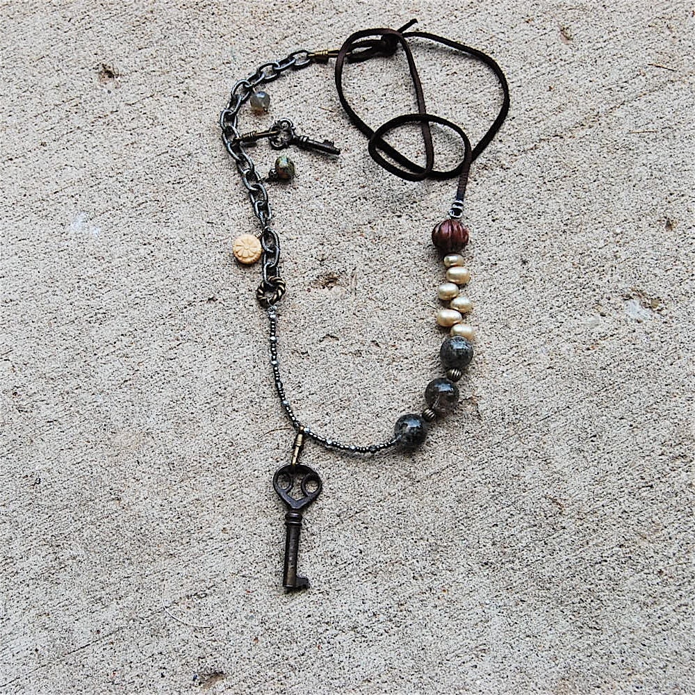 Vintage Keys Necklace Handmade Jewelry Semiprecious Stones