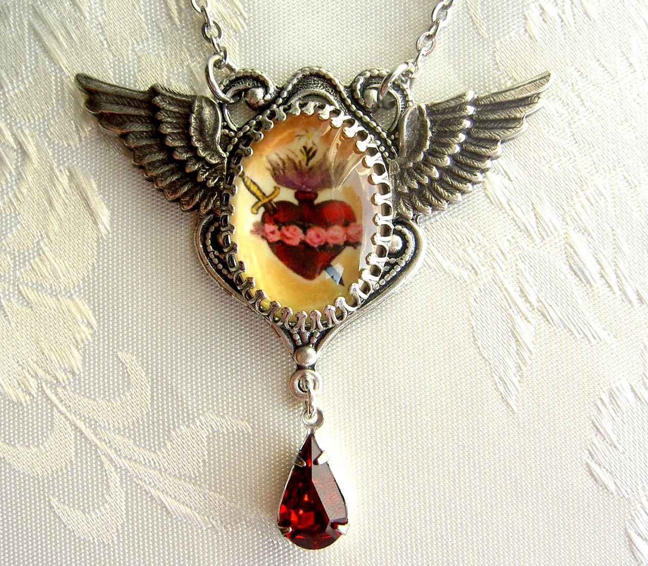 Immaculate Sacred Heart of Mary Necklace with Wings and Ruby