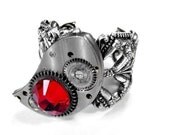 Steampunk Jewelry Ring Silver ETCHED Watch Part Red Crystal FEATURED Cover of AUXILIARY Fashion Magazine - Steampunk Jewelry by edmdesigns