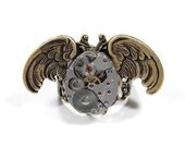 Steampunk Jewelry Ring Vintage Watch Part Movement OWL Wings Adjustable Men's Women's Feather Bird Ring  - Steampunk Jewelry by edmdesigns