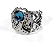 Steampunk Jewelry Ring Vintage Jeweled Watch Mechanism Silver Filigree Ring BLUE Swarovski GORGEOUS - Steampunk Jewelry by edmdesigns