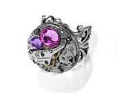 Steampunk Jewelry Ring Vintage Silver Ruby Jeweled GoRGEOUS Watch ADJUSTABLE Rose Lilac Crystals - STUNNING Steampunk Jewelry by edmdesigns