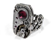 Steampunk Ring Vintage Mens Ruby Jeweled Watch Movement Adjustable Ring Oxblood Maroon Swarovski SO COOL - Steampunk Jewelry by edmdesigns