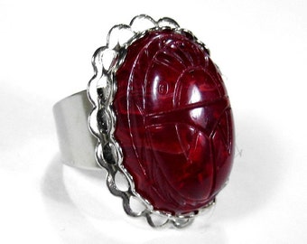 Steampunk Jewelry Ring Gothic Blood Red SCARAB GLASS Cabochon Silver Adjustable Ring  Steam Punk Weddings - Steampunk Jewelry by edmdesigns