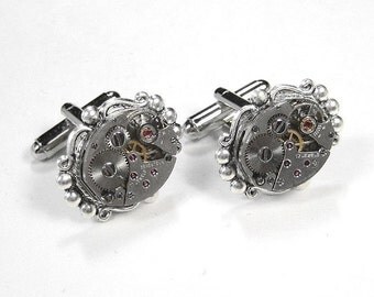 Steampunk Jewelry Mens Cufflinks Vintage Oval Watch Cuff Links Silver BEADED Wedding Anniversary Groomsmen Cufflinks - Jewelry by edmdesigns