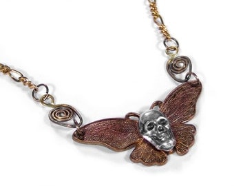 Steampunk Jewelry Necklace Vintage BUTTERFLY Silver Skull Hammered Wire Weddings Anniversary GORGEOUS - Steampunk Jewelry by edmdesigns