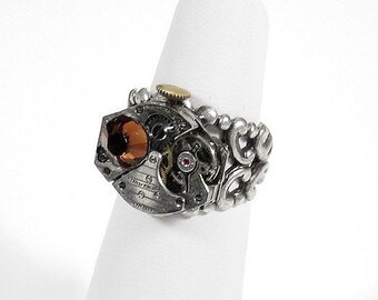 Steampunk Jewelry Ring Vintage Jeweled Watch Ring PINSTRIPE Topaz Crystal 10k GOLD Winding Stem GORGEOUS - Steampunk Jewelry by edmdesigns