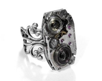 Steampunk Ring - Vintage Art Deco STUNNING Jeweled Watch Mechanism Springs Coils Adjustable Silver Band - Steampunk Jewelry by edmdesigns