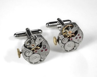 Steampunk Jewelry Cufflinks Vintage Jeweled Watch Movement Stemmed Cuff Links Anniversary Weddings Groomsmen Gift - Jewelry by edmdesigns