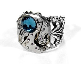 Steampunk Jewelry Ring Vintage Jeweled Watch Movement Ring BLUE Swarovski Wedding Anniversary Mens Steampunk Ring - Jewelry by edmdesigns