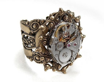 Steampunk Jewelry Ring Vintage Jewel Watch Movement, Handmade Band, Wedding Anniversary Mothers Day - Steampunk Jewelry by edmdesigns
