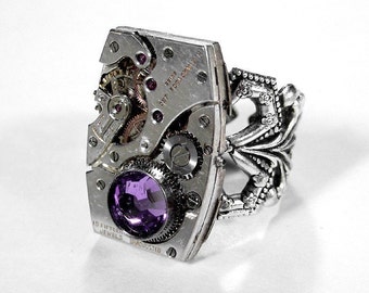 Steampunk Jewelry Ring Vintage Jeweled GORGEOUS Rectangular Watch Adjustable Silver Lilac Crystal Ring - Steampunk Jewelry by edmdesigns