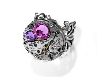 Steampunk Jewelry Ring Vintage Silver Ruby Jeweled GoRGEOUS Watch ADJUSTABLE Rose Lilac Crystals - STUNNING Steampunk Jewelry by edmdesigns