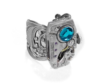 Steampunk Jewelry Ring Vintage Art Deco Watch Ring Stem Turquoise Swarovski Crystal Adjustable GORGEOUS - Steampunk Jewelry by edmdesigns