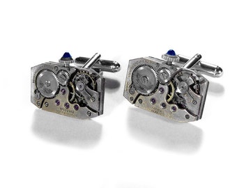 Steampunk Cufflinks Jeweled Rectangular Watch Cuff Links Movements ART DECO Sapphire Cabochons Groomsmen - Steampunk Jewelry by edmdesigns