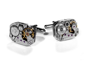 Steampunk Cufflinks RUSSIAN Pinstripe RUBY Jeweled Watch Mens Cuff Links WEDDING Anniversary Groomsmen Fathers Day - Steampunk by edmdesigns