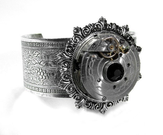Steampunk Cuff Steampunk Jewelry Bracelet Cuff Silver Vintage Pocket Watch Black Crystal Holiday Gift Her, Mens Cuff - Jewelry by edmdesigns by edmdesigns steampunk buy now online