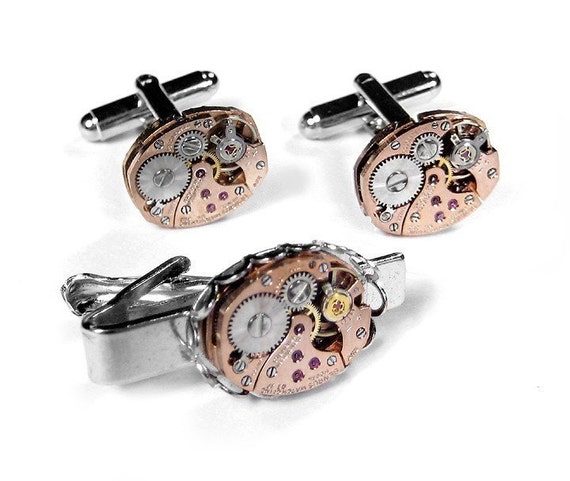 Mens Cufflinks, Steampunk Jewelry, Rose Gold & Tie Bar Set, Mens Wedding, Groom, Fiancee Gift Fathers Day - Steampunk Jewelry by edmdesigns