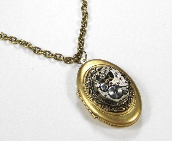 Steampunk Jewelry Vintage Watch Movement Brass OVAL Locket