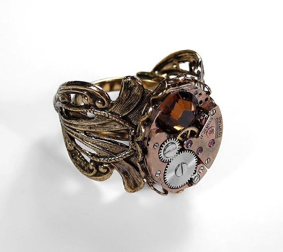 Steampunk Vintage Rose Gold 17 Jewel Swiss Watch Movement Ring - Adjustable FAUNA Motif Design - BEAUTIFUL SWAROVSKI CRYSTAL... Offered by edmdesigns