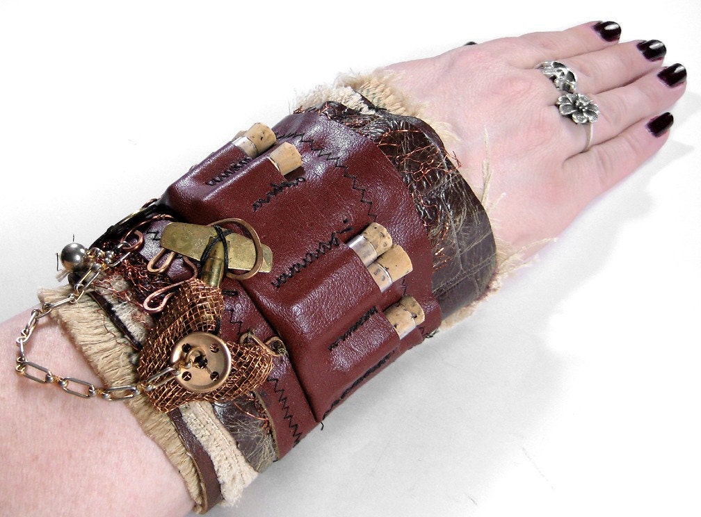 Steampunk Cuff LEATHeR Pockets 3D Wrist Cuff VIALS Vintage