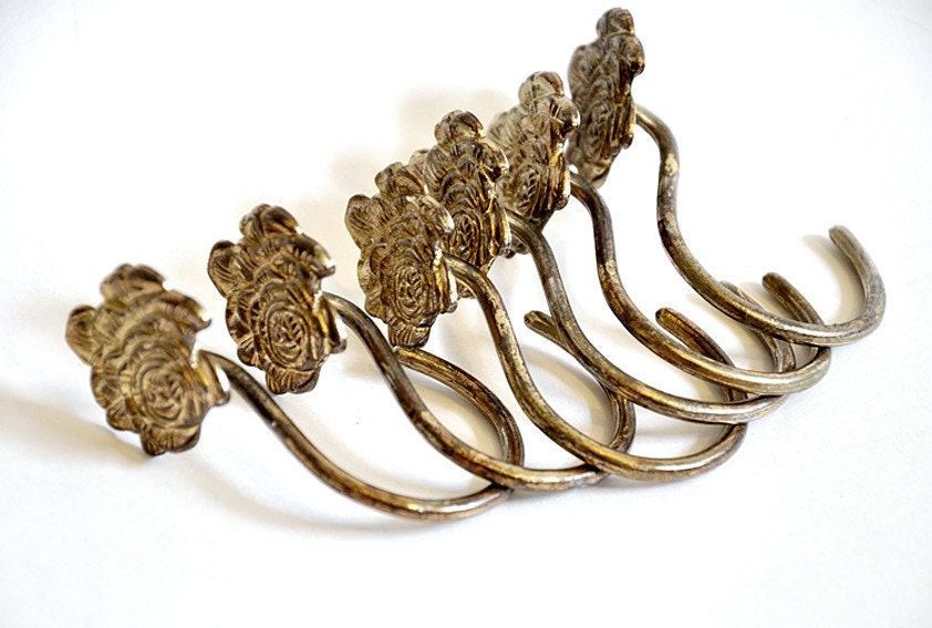 SALE Vintage Brass Rose Shower Curtain Hooks Set