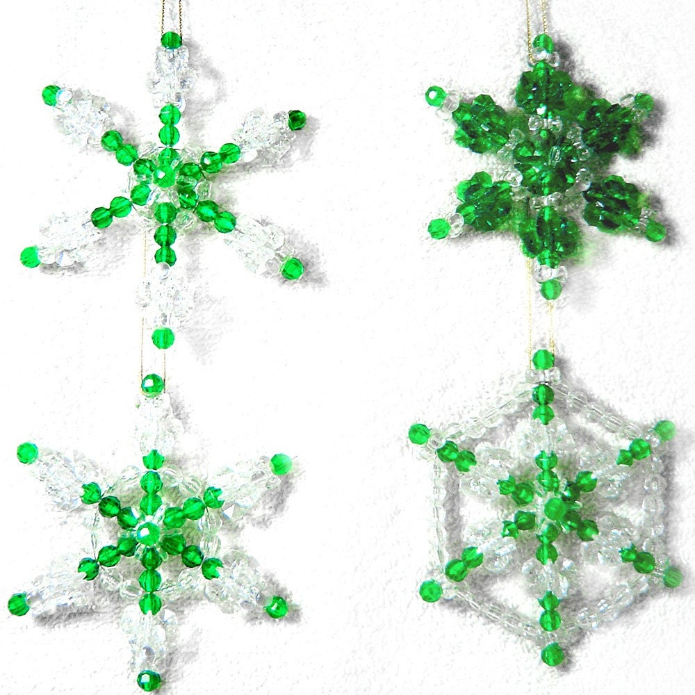 Beaded Snowflake Ornaments, 4pc Set - Emerald Green