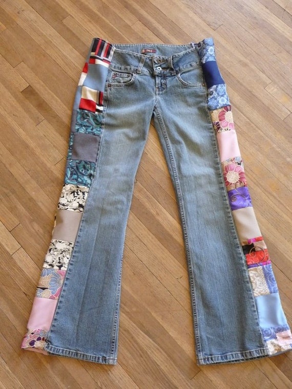 Items similar to Patchwork Jeans Handmade Unique Clothing Recycled ...
