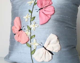 Butterflies pillow cover, Silk pillow cover, Silk ribbon embroidery, Silk cushion cover, Embroidered butterflies pillow cover