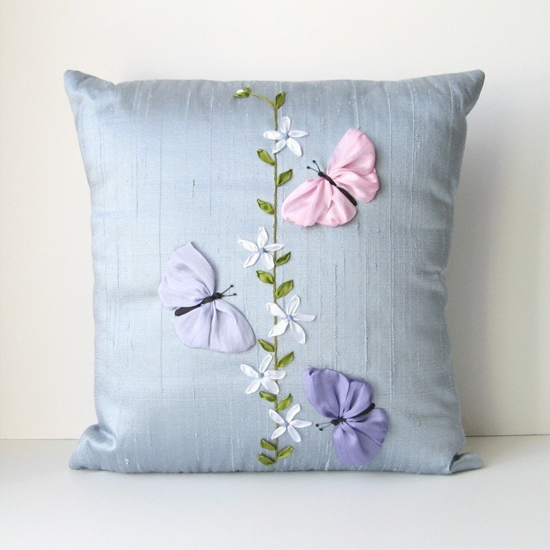 Butterflies Pillow Cover blue silk ribbon embroidery