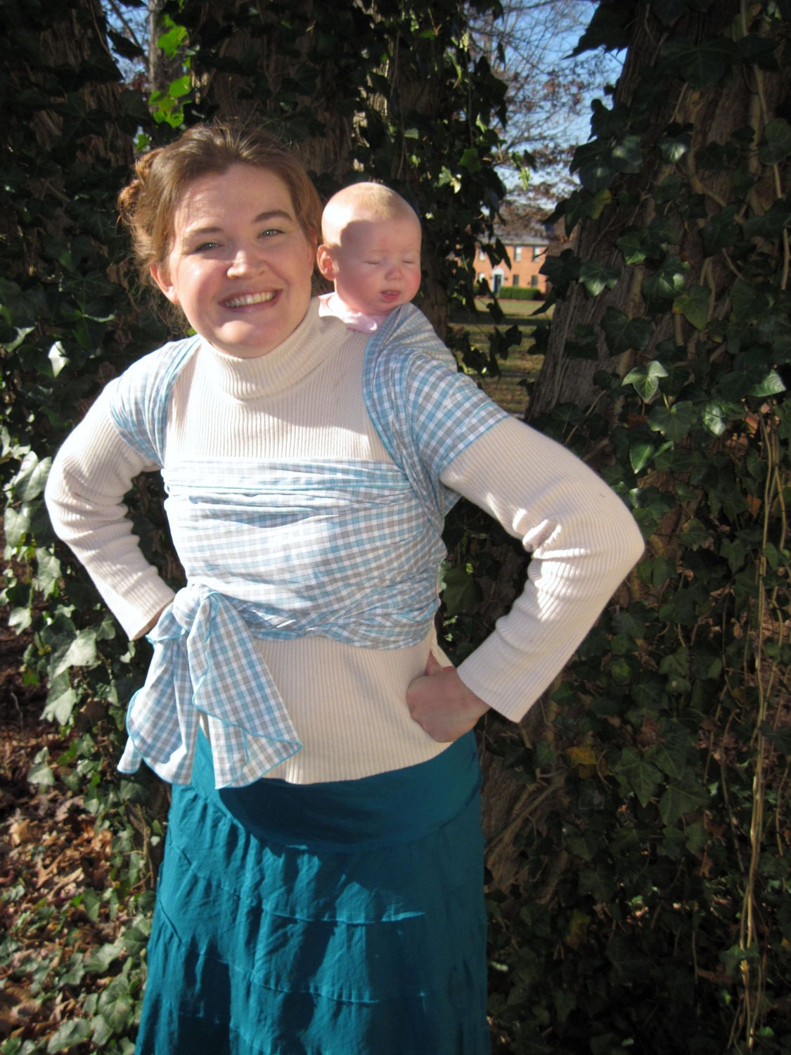 Woven Wrap Baby Sling Carrier - Lightweight Gray/Aqua Check Cotton - DVD included