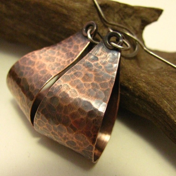 Sterling Silver Copper Earrings Mixed Metal Stirrup Rustic