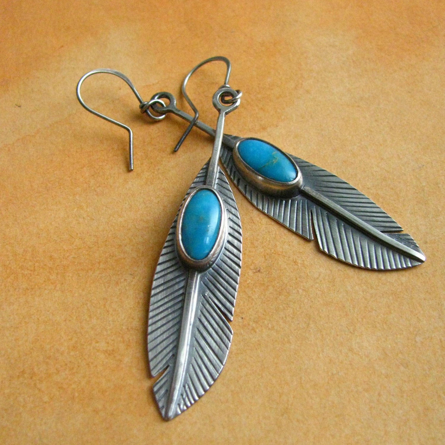 Turquoise Sterling Silver Feather Earrings Large Artisan