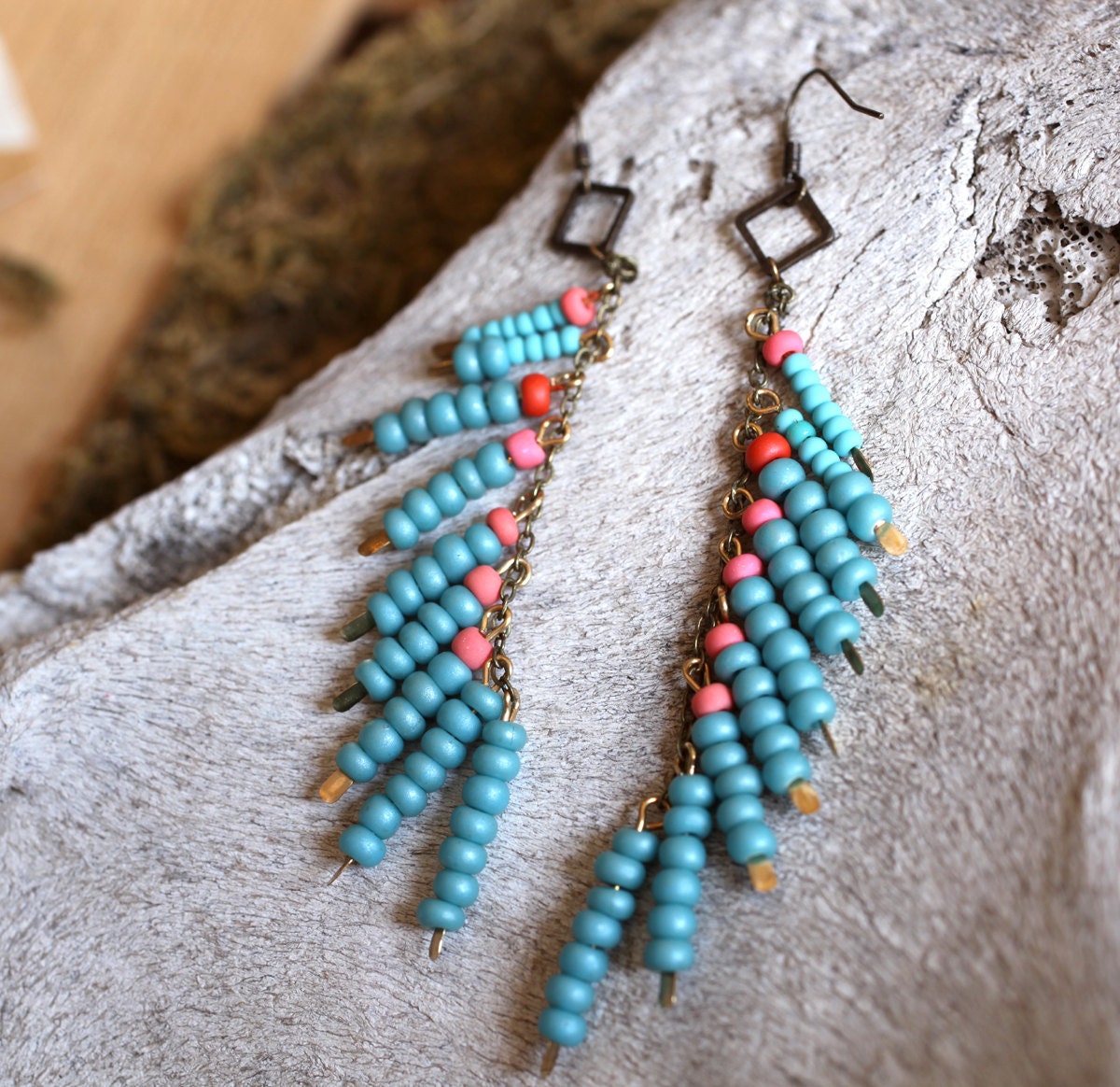 Coral Turquoise Beaded Fringe Earrings 7882