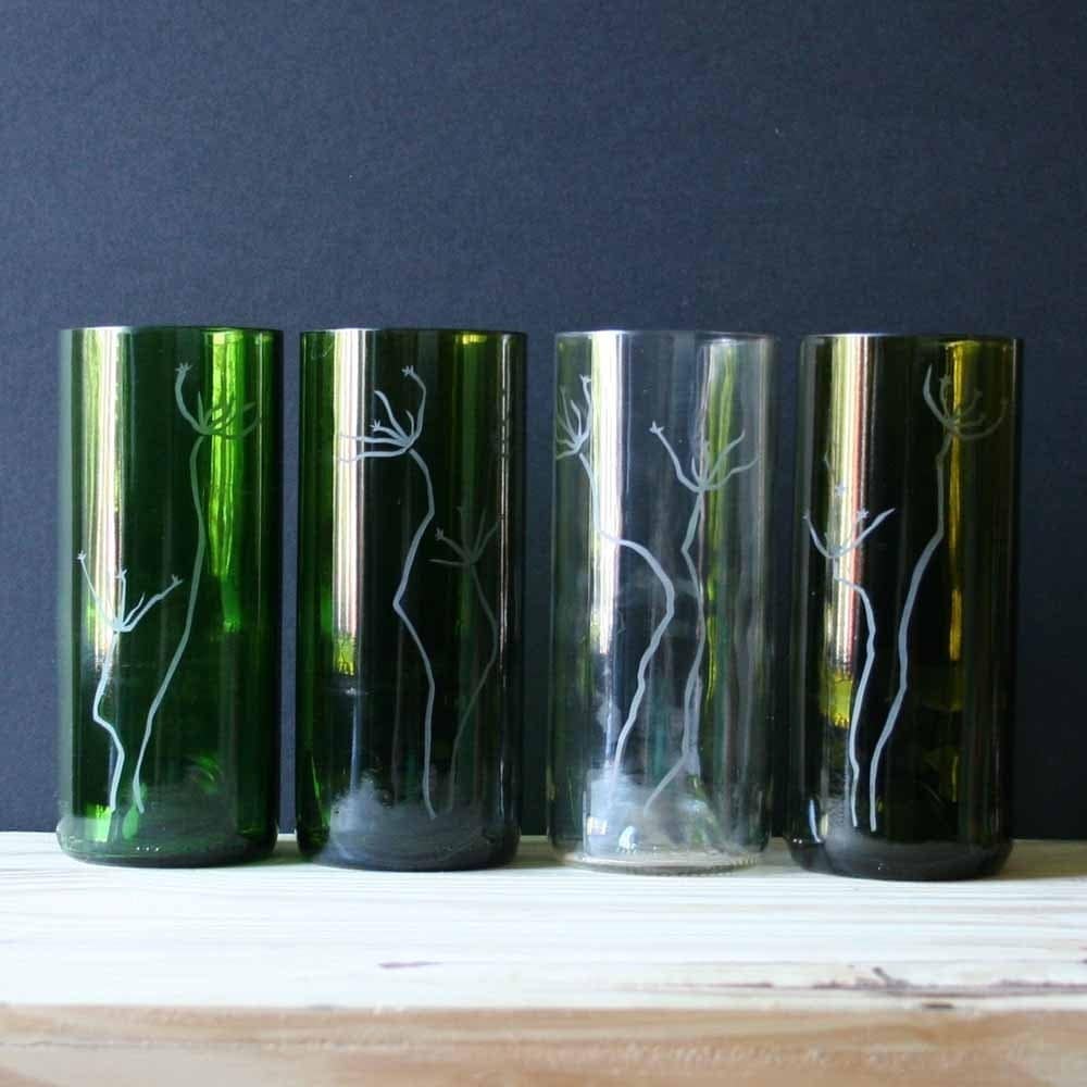 Recycled Wine Bottle Drinking Glasses Spindly Flowers