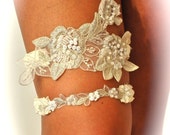 Wedding Garter Set as Open Heart in Beaded  Regal Lace