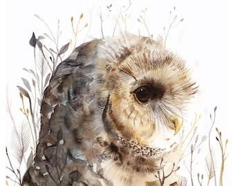 Owl art, owl painting, owl watercolor painting- Owl art- Spotted Owl -large print after original watercolor