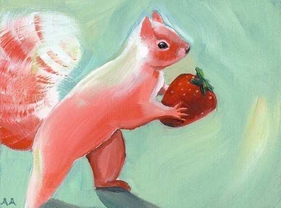 Jane Steals a strawberry pink squirrel art