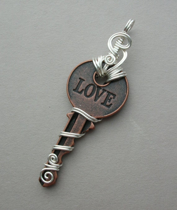 LOVE Key Pendant -- Silver Wire Wrapped Engraved Replica Key with the Word Love