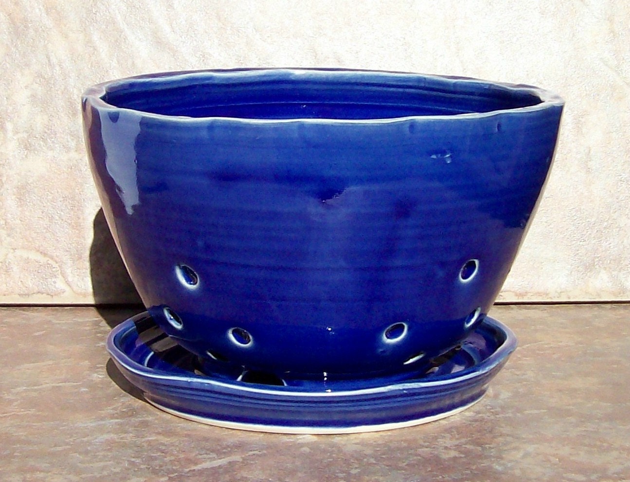 Pottery Berry Bowl with Attached Saucer in Royal Blue