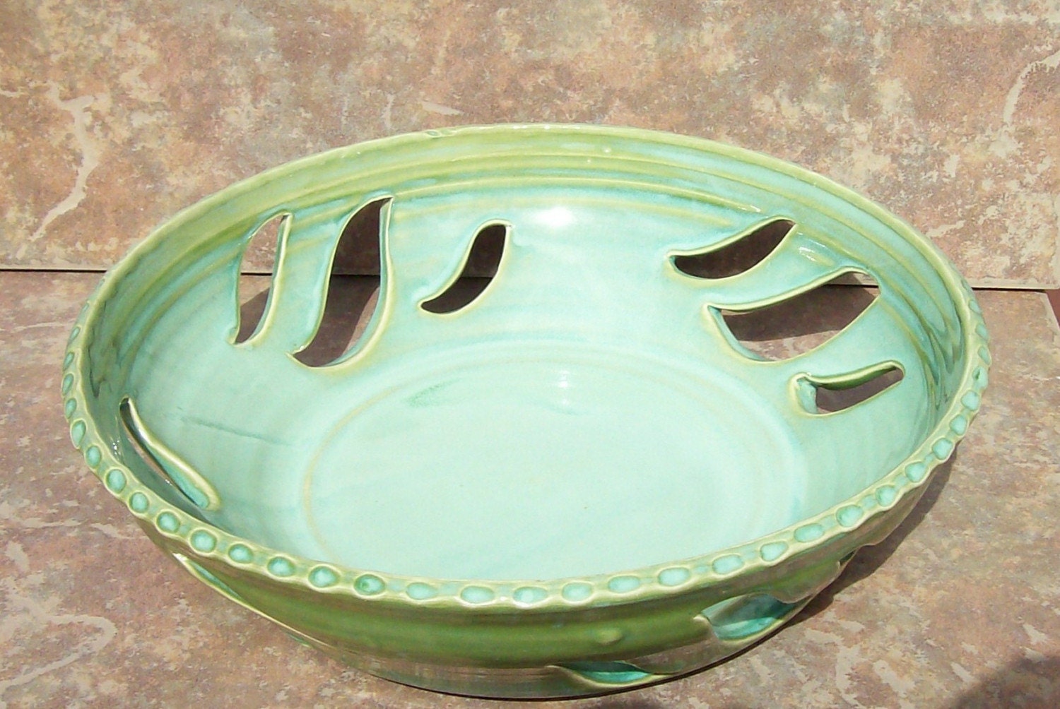 Hand Made Pottery Carved Fruit Bowl in French Country Green