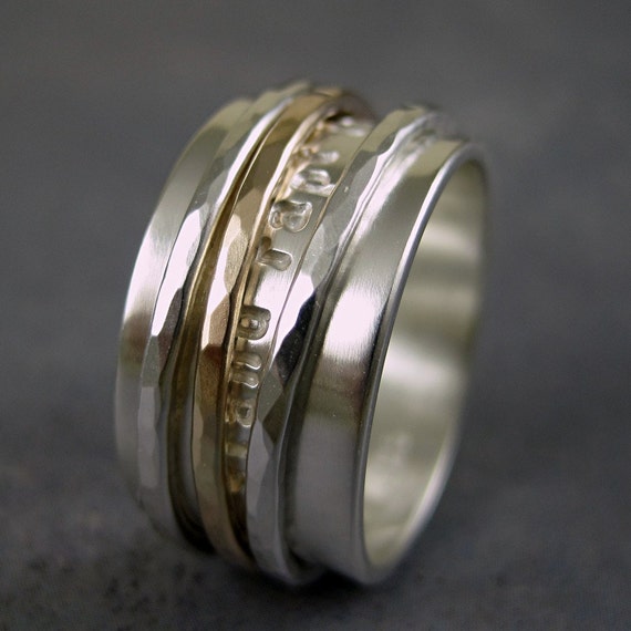 Personalized spinner ring sterling silver and 10k gold