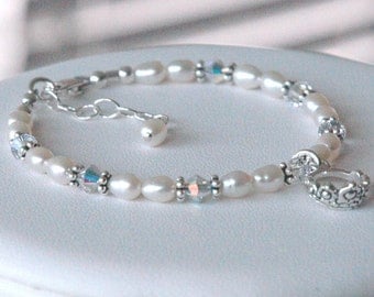 Freshwater Pearls Sterling Silver Tiara Children Bracelet, Princess, Fairy Tale, Initial Bracelet, Flower Girl, Baptism, Confirmation