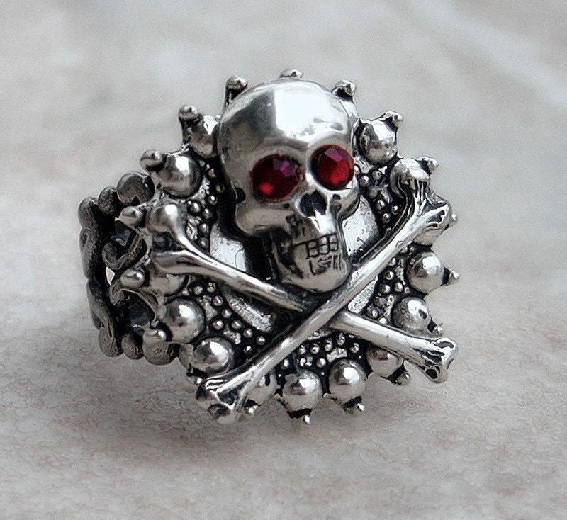 Goth Skull Ring Gothic Jewelry Silver Ring Red Crystal Mens Womens Adjustable Ring Open Back