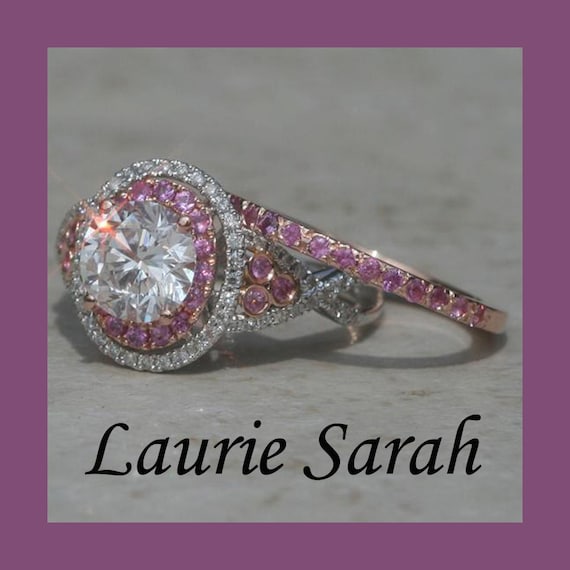 carat Round Diamond Wedding Set with Pink Sapphire Wedding Band ...