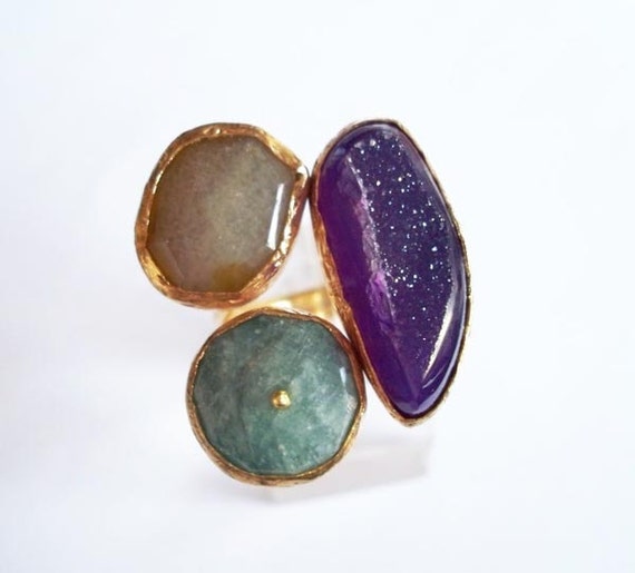 Purple Druzy and Citrine Triple ring by beadycats on Etsy