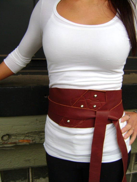 Brown leather Obi Corset Belt with Studs