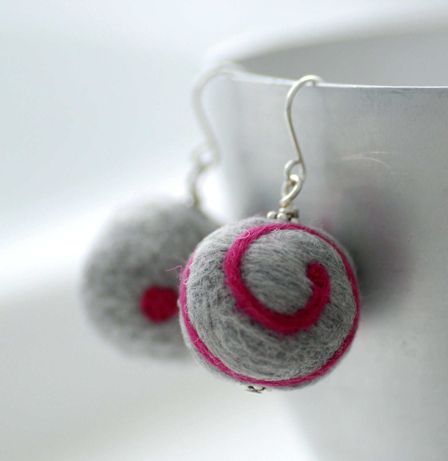 Hot Pink and Grey Felted Wool Earrings Felted Bead Earrings